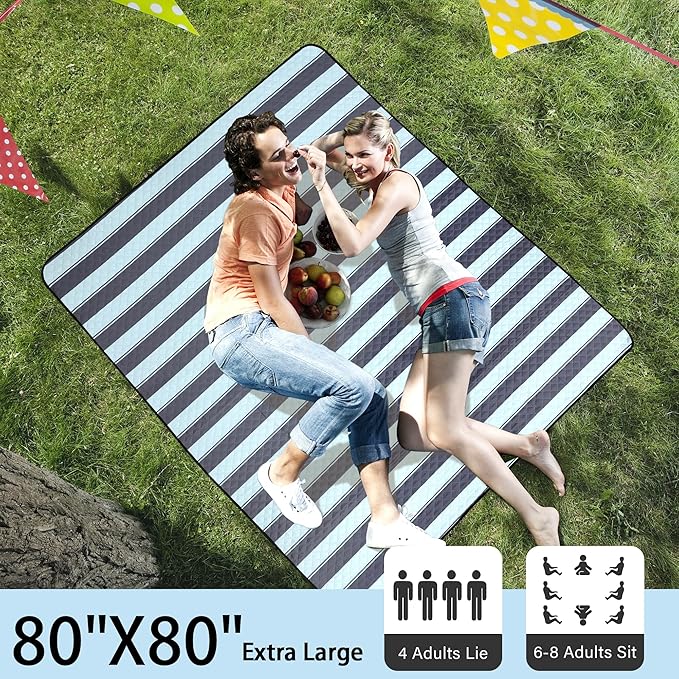 HX&OD Extra Large Picnic Outdoor Blanket, 80”x80” Waterproof Picnic Mat Foldable Camping Blanket Portable with Carry Strap for Beach Mat Outdoor Camping Party(Grey&Green)-BubblyBeeBaby
