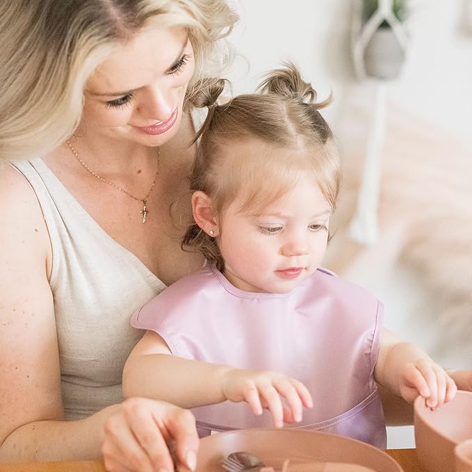 Tiny Twinkle Mess Proof Baby Bibs for Eating - Waterproof, Wipeable Bibs - Toddler Bibs - Travel Friendly - PFAS, PVC, BPA, Phthalate Free - Baby Food Bibs(5 Pack,Girl Solids)-BubblyBeeBaby