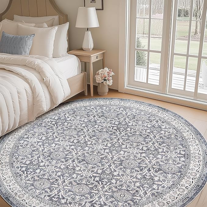 jinchan Round Rug 8ft Washable Circle Soft Rug - Low Pile Vintage 8'Round Indoor Grey Floral Print Stain Resistant Boho Carpet Ultra-Thin Non-Slip for Living Room Bedroom Dining Room Kitchen-BubblyBeeBaby