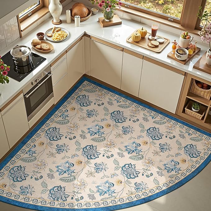 jinchan Floral Corner Rug for Living Room Washable Bedroom Rug Vintage Romance Design Non Slip Quarter Circle Lightweight Low-Pile Throw Carpet for Reading Nook Playroom,6ft Radius, Blue/Beige-BubblyBeeBaby