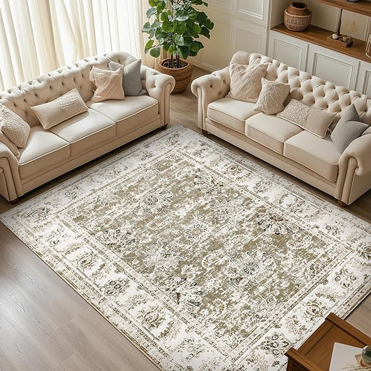 jinchan 9x12 Area Rugs for Living Room - Machine Washable Vintage Floral Distressed Design Stain Resistant Carpet Low Pile Non-Slip Large Rug for Bedroom Dining Room Home Office (9‘x12',Taupe)-BubblyBeeBaby