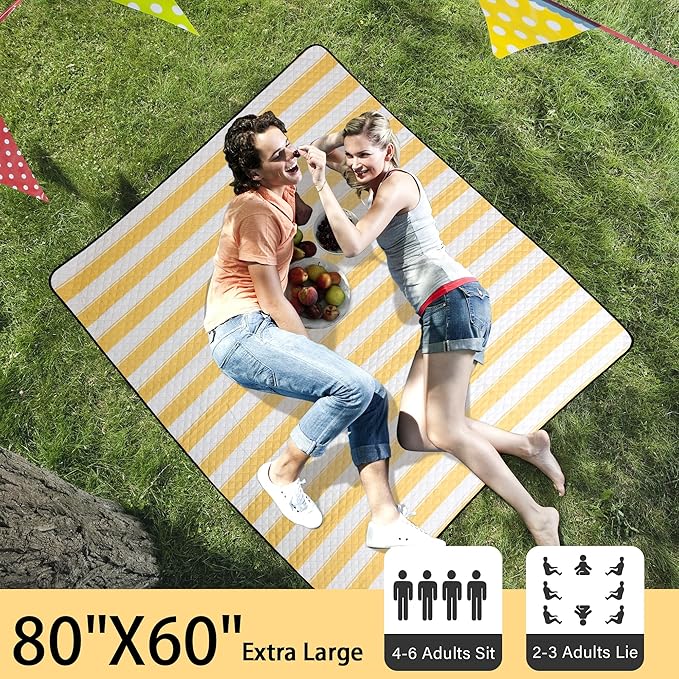 HX&OD Extra Large Picnic Outdoor Blanket, 80”x60” Waterproof Picnic Mat Foldable Camping Blanket Portable with Carry Strap for Beach Mat Outdoor Camping Party(Yellow)-BubblyBeeBaby