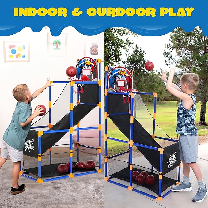 JOYIN Arcade Basketball Game Set with 4 Balls and Hoop for Kids 3 to 12 Years Old Indoor Outdoor Sport Play - Easy Set Up - Air Pump Included - Ideal for Competition-BubblyBeeBaby