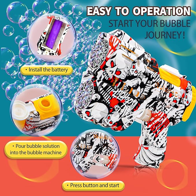 2 Pack Bubble Guns for Kids, Rechargeable LED Light Up Graffiti Bubbles Machine Blower with 2 Bottles Refill Solution for Kids 4-8, Bubble Makers Blaster for Toddlers-BubblyBeeBaby