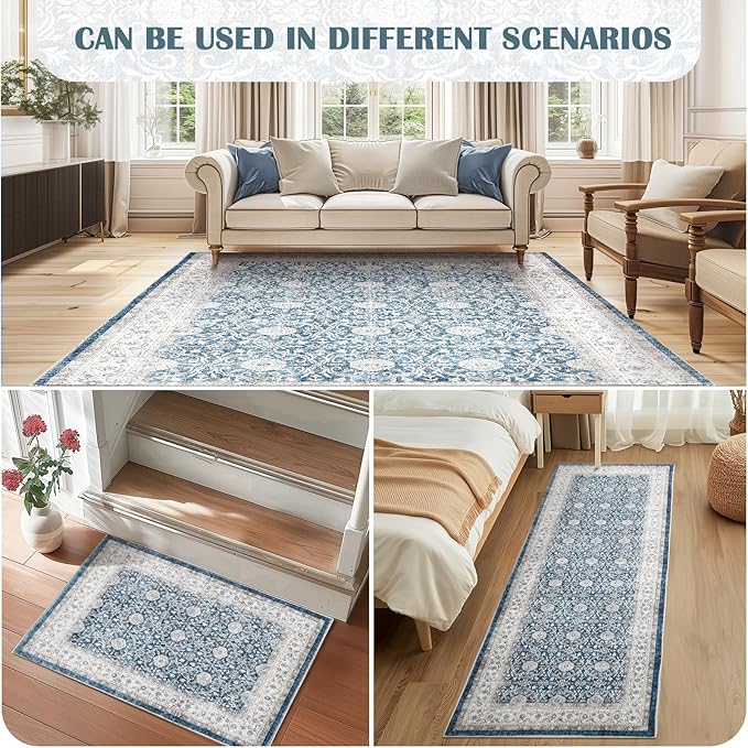 jinchan Floral 2x3 Rugs for Entryway - Machine Washable Dark Blue Vintage Distressed Boho Design Soft Faux Wool Small Non-Slip Doormat for Entrance Kitchen Living Room Bedroom (2‘x3',Dark Blue)-BubblyBeeBaby