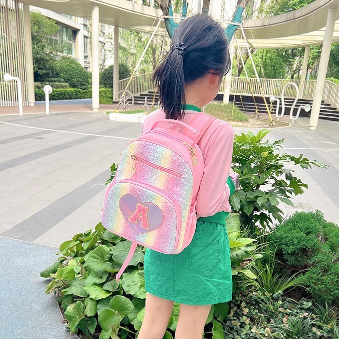 I IHAYNER Kids Glitter Lightweight Backpack for School Travel & Daycare, Toddler Backpack for Girls 3+ Preschool Kindergarten Elementary Kids Backpack-Rainbow Pink L-BubblyBeeBaby