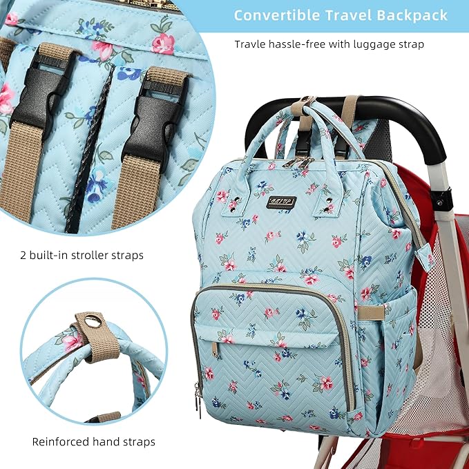 Diaper Bag Backpack for Women, Baby Bags for Girls,Diaper Bag with Changing Pad, and Insulated Pockets-Blue Flowers-BubblyBeeBaby