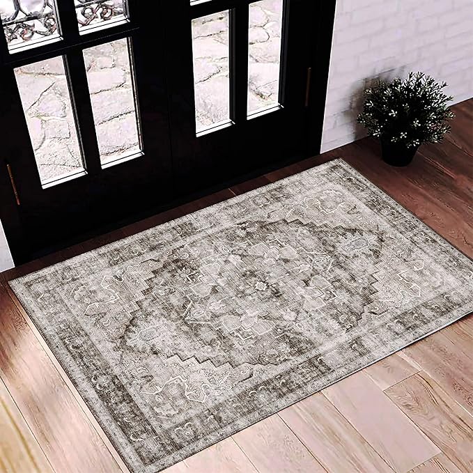 2'x3' Deep Khaki Area Rug Washable Door Mat Vintage Distressed Doormat Indoor Entrance Traditional Thin Floral Print Non Slip Carpet for Kitchen Bathroom Bedroom Living Room-BubblyBeeBaby