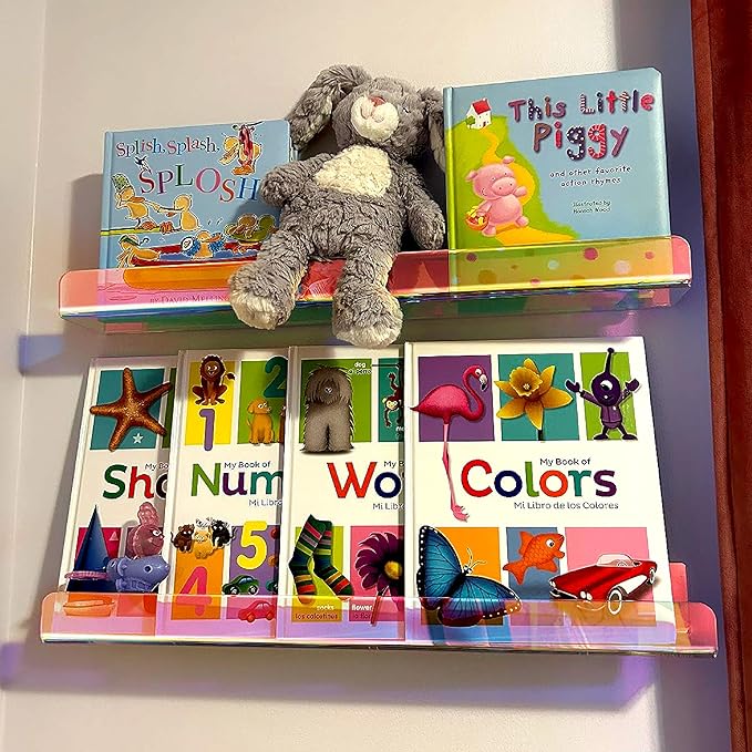 24 inches Iridescent Acrylic Bookshelf, Wall Mounted Display for Kids Room, Nursery, Toddler, Classroom (2 Packs)-BubblyBeeBaby