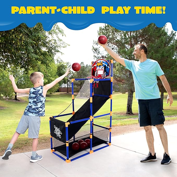 JOYIN Arcade Basketball Game Set with 4 Balls and Hoop for Kids 3 to 12 Years Old Indoor Outdoor Sport Play - Easy Set Up - Air Pump Included - Ideal for Competition-BubblyBeeBaby