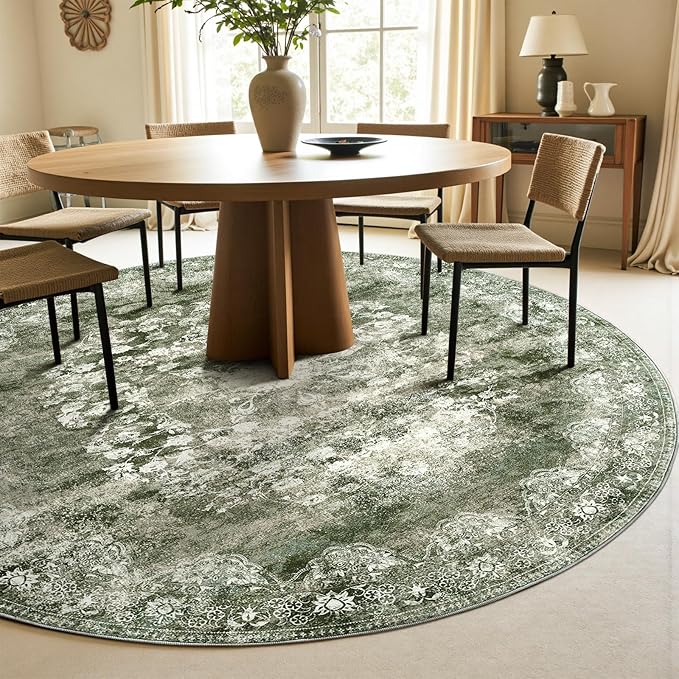 jinchan Round Rug 7ft Area Rug - Green Vintage Floor Mat Kitchen Indoor - Washable Circle 7' Thin Floral Print Carpet Retro Farmhouse Non Slip Dining Room Living Room Bedroom Office-BubblyBeeBaby