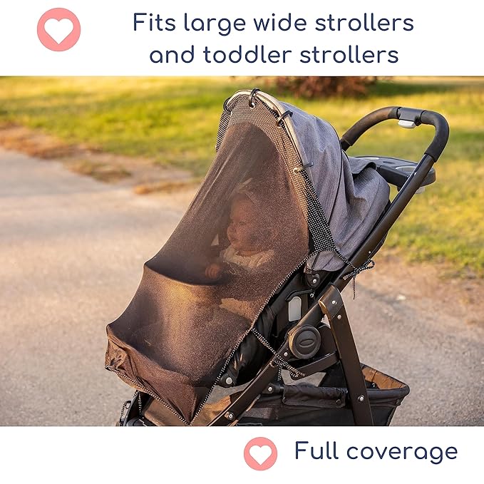 Stroller Sun Shade - Universal UV Protection Cover for Strollers Sunshade with See Through, Clip-On Sun Blocker, Sun Shield for Baby, Breathable Adjustable Fit, Full Coverage, X-Large-BubblyBeeBaby