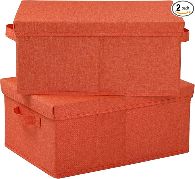 HOONEX Storage Bins with Lids for Organizing, Pack of 2, Storage Boxes with 2 Carrying Handles and Sturdy Heavy Cardboard, 16.5" L x 11.8" W x 7.5" H for Shoes, Books, Clothes, Nursery, Orange-BubblyBeeBaby