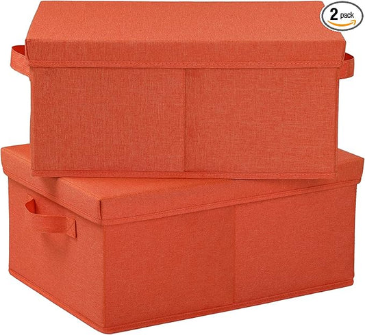 HOONEX Storage Bins with Lids for Organizing, Pack of 2, Storage Boxes with 2 Carrying Handles and Sturdy Heavy Cardboard, 16.5" L x 11.8" W x 7.5" H for Shoes, Books, Clothes, Nursery, Orange-BubblyBeeBaby
