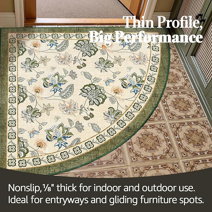 jinchan Floral Corner Rug for Entryway Washable Kitchen Rug Vintage Romance Design Non Slip Quarter Circle Lightweight Low-Pile Throw Carpet for Playroom Reading Nook Nursery, 4ft Radius, Green/Beige-BubblyBeeBaby