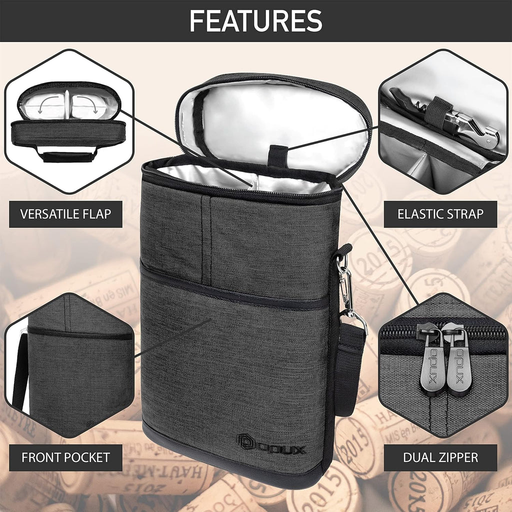 opux 2 Bottle Wine Carrier Tote, Insulated Leakproof Wine Cooler Bag, Wine Travel Bag for Picnic BYOB Beach, Portable Wine Bottle Carrying Case, Gift for Wine Lover Women Men Christmas, Charcoal Grey