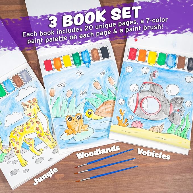 Imagination Works® Paint with Water Books for Kids, 3 Pack | Watercolor Coloring Book Set for Toddler Activities | Spillproof Kids Paint Palettes on Each Page (Jungle, Vehicles, Woodland)-BubblyBeeBaby