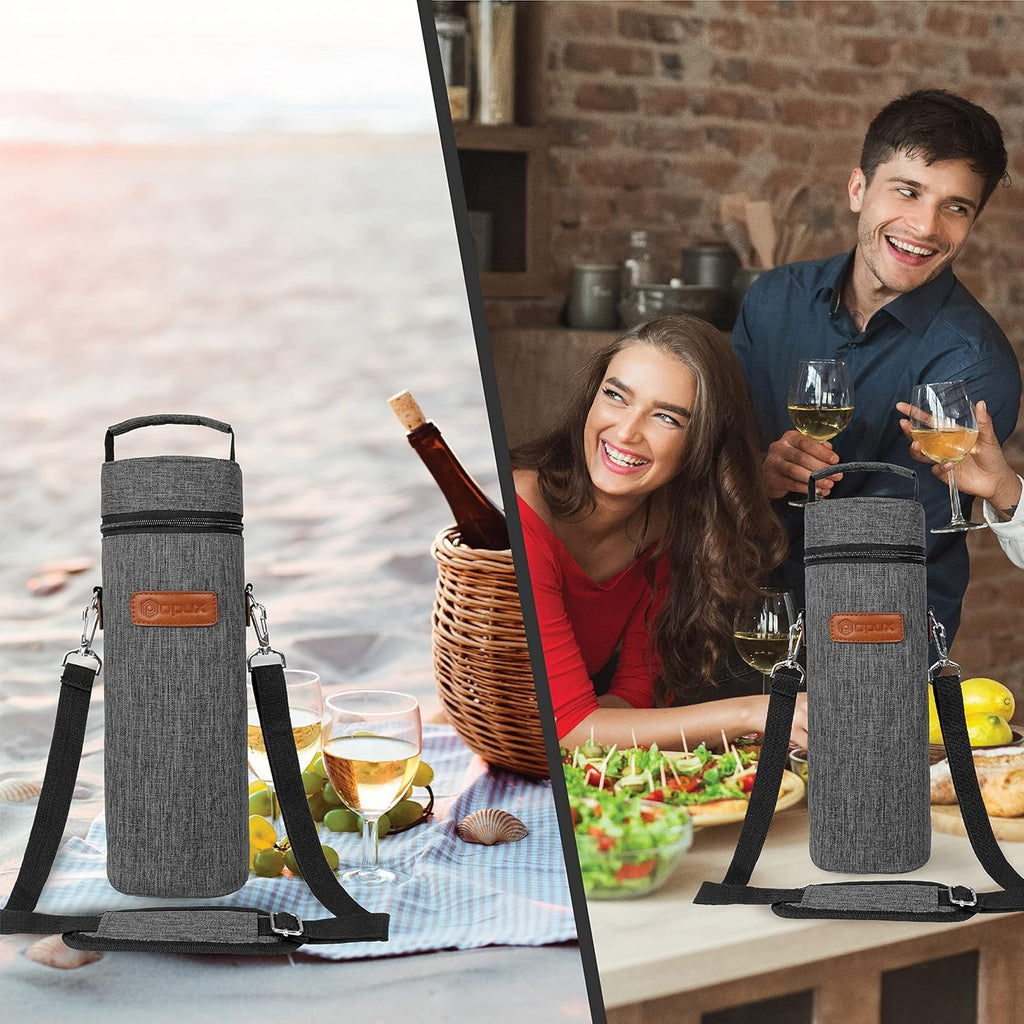 opux Wine Bag Single Bottle Carrier Tote, Insulated Wine Cooler Bag for Travel Picnic Beach with Shoulder Strap, Thermal One Bottle Holder Carrying Case Wine Gift for Women Men, Charcoal Gray