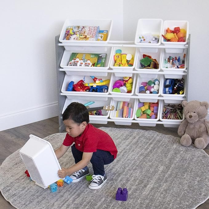 Humble Crew Supersized Toy Storage Organizer with 16 Removable Bins, Grey/White – Large Toy Storage for Toddlers Ideal for Kids' Rooms, Playrooms, and Nurseries - Modern Toy Bins for Kids-BubblyBeeBaby