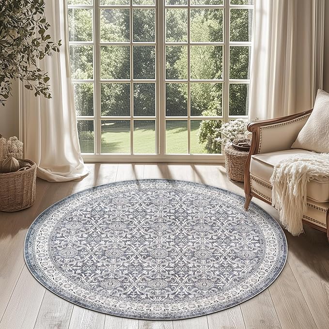 jinchan Round Rug 4ft Washable Circle Soft Rug - Low Pile Vintage 4'Round Indoor Grey Floral Print Stain Resistant Boho Carpet Ultra-Thin Non-Slip for Entryway Nursery Bedroom Dining Room Kitchen-BubblyBeeBaby