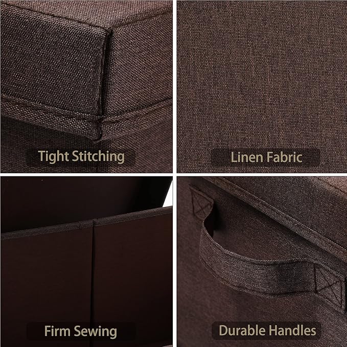 HOONEX Linen Foldable Storage Bins with Lids, 2 Pack, Storage Boxes with Carrying Handles and Sturdy Heavy Cardboard, 16.5" L x 11.8" W x 7.5" H for Shoes, Clothes, Brown-BubblyBeeBaby