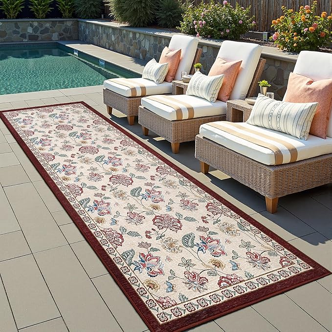 jinchan 3x10 Floral Runner Rug for Hallway Washable Kitchen Runner Vintage Romance Design Non Slip Thin Indoor Floor Cover Low-Profile Throw Carpet for Entryway Bathroom Bedroom Porch, Red/Beige-BubblyBeeBaby