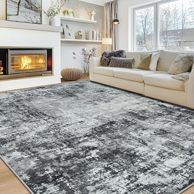10x14 Area Rugs Large Living Room Rug Washable: Modern Abstract Rug Indoor Modern Carpet Non Slip for Dining Room Bedroom Nursery Home Office Black Grey-BubblyBeeBaby