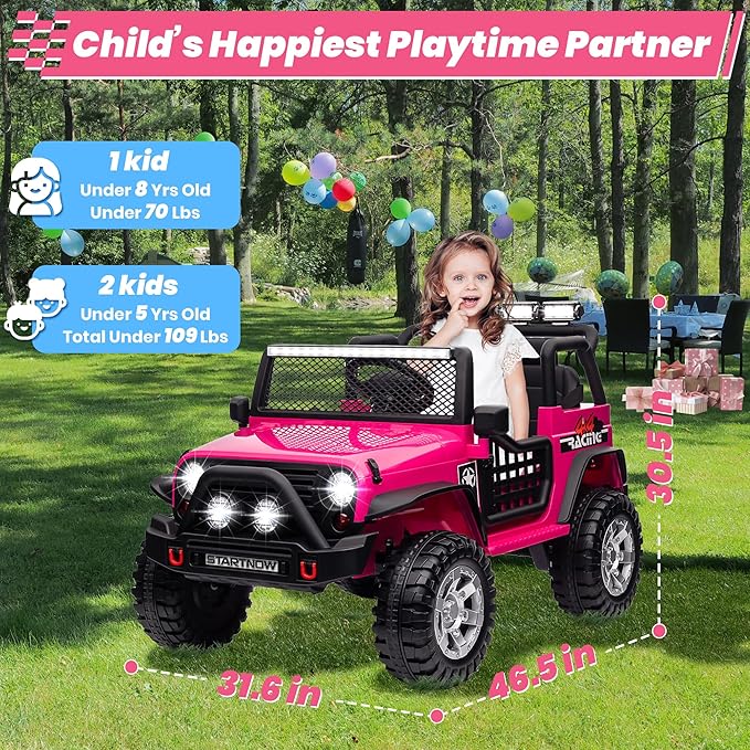 24V 4WD Ride on Truck Car w/800W Motors, Gift Flower, Remote Control, 2 Seaters, Light Bar, 3 Speeds, Pop Music, Power Four Wheels, 24 Volt Ride on Toy Car for Big Kids, Rose Red-BubblyBeeBaby
