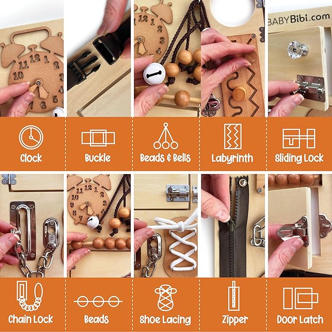 10-in-1 Montessori Busy Board for Toddlers - Safe, Durable Sensory Activity Board with Locks, Shoelaces & More - Perfect Educational Toy Built for Growth & Travel - Recommended for Ages 3 Years & Up-BubblyBeeBaby