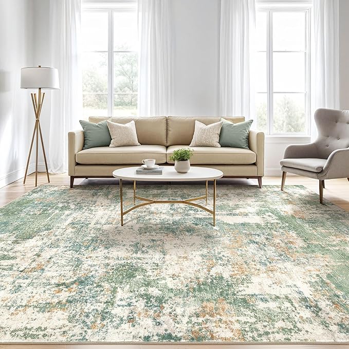 10x12 Area Rugs Living Room: Washable Large Abstract Soft Green Rug Stain Resistant Indoor Floor Non-Slip Accent Carpet for Men Modern Home Enthusiasts Aged 25-45 - Bedroom Office Playroom-BubblyBeeBaby