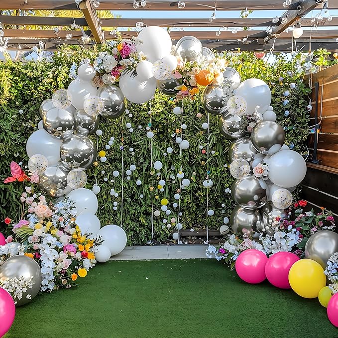 JOYIN 150 Pcs Metallic Silver Balloons, Different Sizes 18 12 10 5 Inch Silver Latex Balloon Arch Kit with Instruction for Birthday Party Graduation Wedding Holiday Decoration-BubblyBeeBaby