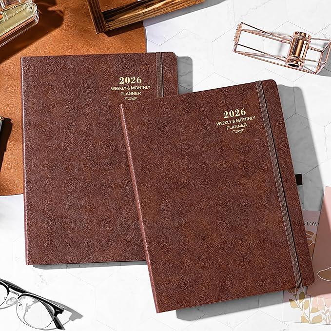 2026 Planner - JAN 2026 - DEC 2026, Planner 2026, Weekly and Monthly Planner, Leather Cover Calendar Planner with Thick Paper, Back Pocket with Notes Pages, Brown (8.5" x 11")-BubblyBeeBaby
