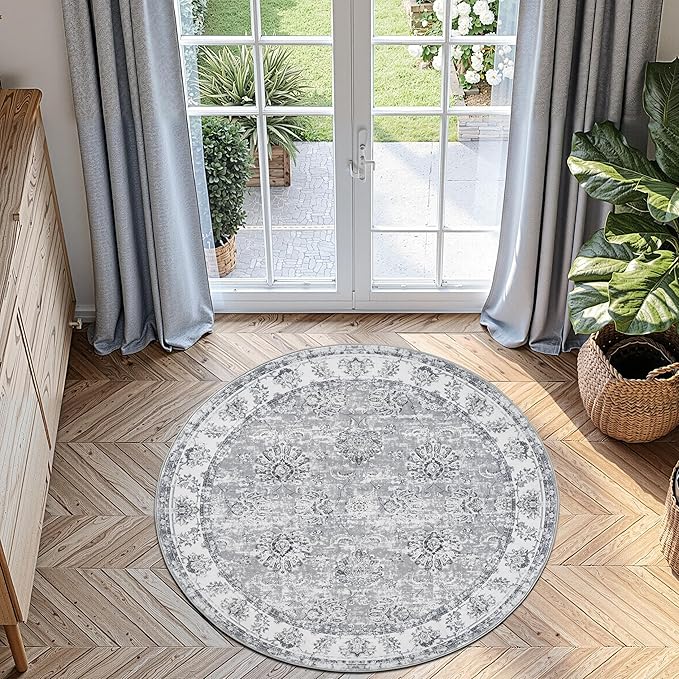 jinchan Round Rug 4ft Area Rug - Indoor Vintage Hallway Circle 4' Washable - Ultra-Thin Low Pile Soft Small Non Slip Distressed Floral Print for Living Room Dining Room Bedroom Entryway Grey-BubblyBeeBaby