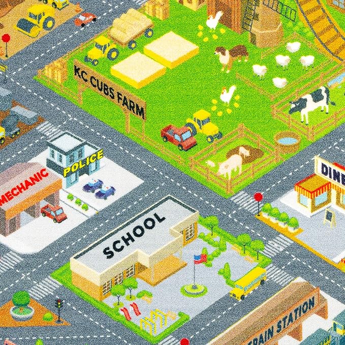 KC Cubs 8x10 Country Farm Construction Car Road Street Rug – Educational Carpet Play Mat for Kids, Toddlers Nursery, Classroom, Playroom, Baby Daycare-BubblyBeeBaby