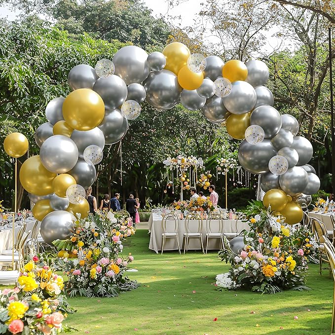 JOYIN 150 Pcs Metallic Silver Balloons, Different Sizes 18 12 10 5 Inch Silver Latex Balloon Arch Kit with Instruction for Birthday Party Graduation Wedding Holiday Decoration-BubblyBeeBaby