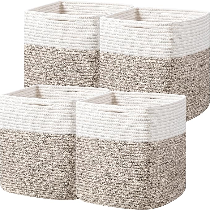 joybest Cube Storage Bins Set of 4, 11inch Cube Baskets Organizer for Nursery, Square Cotton Rope Baskets for Shelves Organizing, Kids Toy, Closet Storage, Brown and Cream White-BubblyBeeBaby