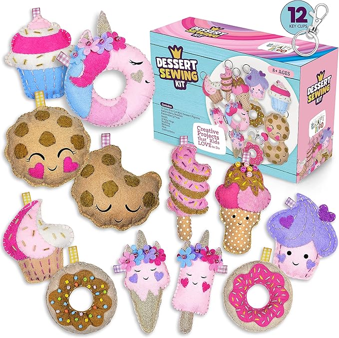 12 Pre-Cut Mini Treats Dessert Fun Kids Sewing Kit for Kids Ages 8-12 Children Beginners Sewing kit kid crafts Make Your Own Felt Pillow Plush Craft Kit Girls and Boys Art Craft Kits Learn to Sew Kit-BubblyBeeBaby