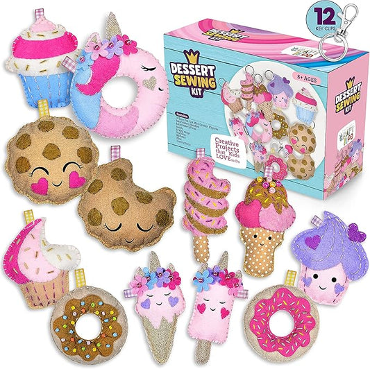 12 Pre-Cut Mini Treats Dessert Fun Kids Sewing Kit for Kids Ages 8-12 Children Beginners Sewing kit kid crafts Make Your Own Felt Pillow Plush Craft Kit Girls and Boys Art Craft Kits Learn to Sew Kit-BubblyBeeBaby