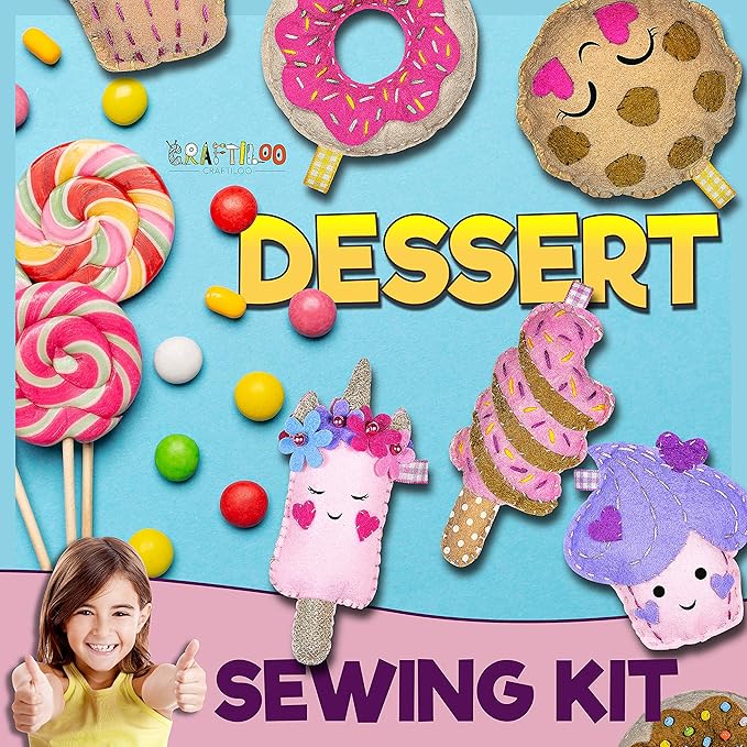 12 Pre-Cut Mini Treats Dessert Fun Kids Sewing Kit for Kids Ages 8-12 Children Beginners Sewing kit kid crafts Make Your Own Felt Pillow Plush Craft Kit Girls and Boys Art Craft Kits Learn to Sew Kit-BubblyBeeBaby