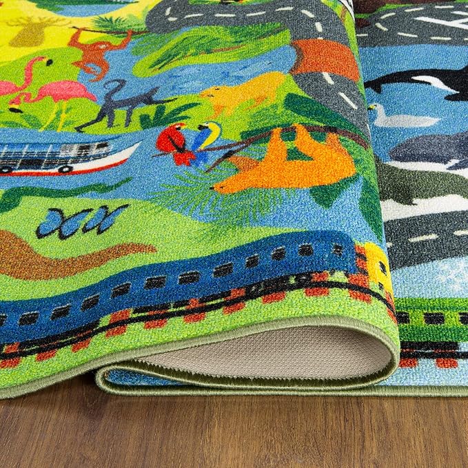 KC Cubs 3x5 Animal Safari Toy Car Road Rug – Educational Play Mat Carpet for Kids, Toddlers, Nursery, Classroom, Playroom, Baby Daycare, Boys & Girls-BubblyBeeBaby