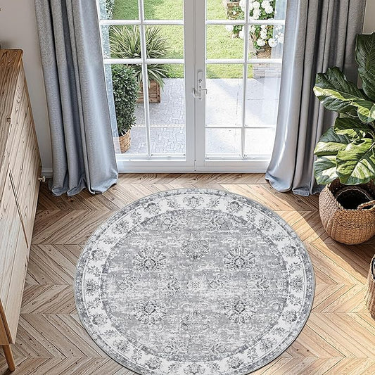 jinchan Round Rug 5ft Area Rug - Indoor Vintage Hallway Circle 5' Washable - Ultra-Thin Low Pile Soft Small Non Slip Distressed Floral Print for Living Room Dining Room Bedroom Entryway Grey-BubblyBeeBaby
