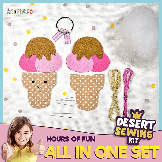 12 Pre-Cut Mini Treats Dessert Fun Kids Sewing Kit for Kids Ages 8-12 Children Beginners Sewing kit kid crafts Make Your Own Felt Pillow Plush Craft Kit Girls and Boys Art Craft Kits Learn to Sew Kit-BubblyBeeBaby