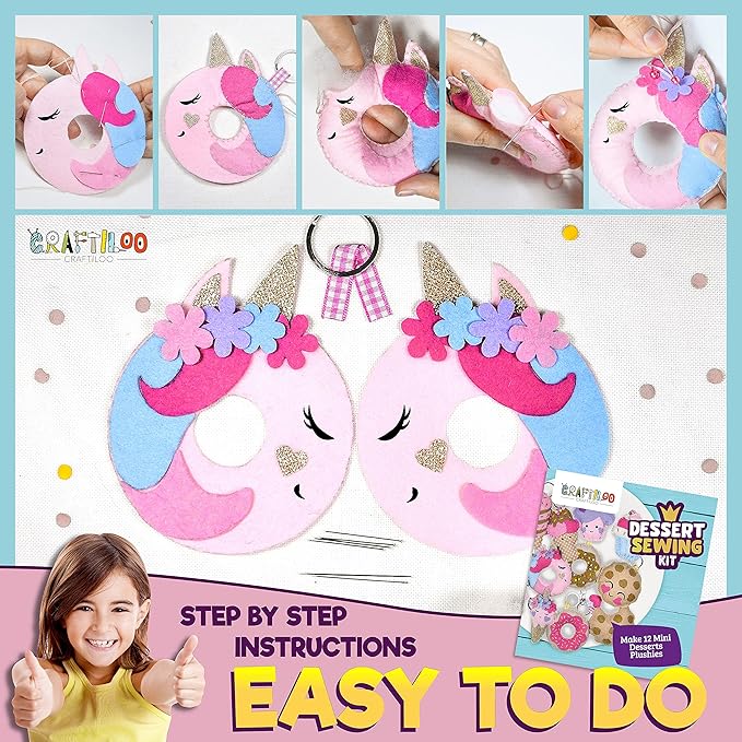 12 Pre-Cut Mini Treats Dessert Fun Kids Sewing Kit for Kids Ages 8-12 Children Beginners Sewing kit kid crafts Make Your Own Felt Pillow Plush Craft Kit Girls and Boys Art Craft Kits Learn to Sew Kit-BubblyBeeBaby