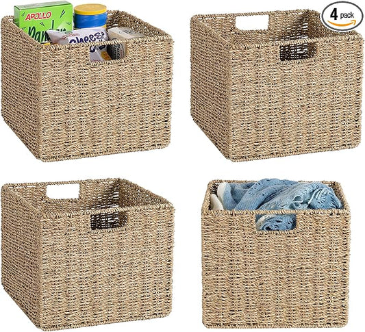 12x12x10in Seagrass Storage Baskets Set of 4, Large Wicker Storage Basket, Decorative Seagrass Shelf Basket, Pantry Baskets Organization,Folding Storage Cube Bins-BubblyBeeBaby