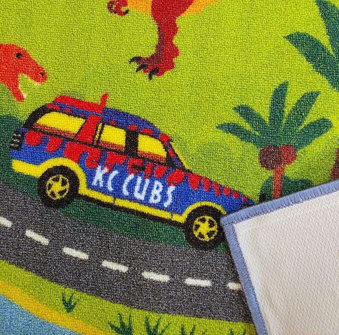 KC Cubs 8x10 Dinosaur Toy Car Dino Road Rug – Educational Play Mat Carpet for Kids, Toddlers, Nursery, Classroom, Playroom, Baby Daycare, Boys & Girls-BubblyBeeBaby
